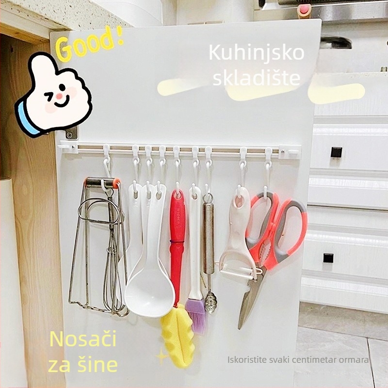 Kuhinjski zidni držač s kliznom tračnicom, bez bušenja, plastični, 3+ reda kuka, moderan minimalistički stil, nosivost 5 kg