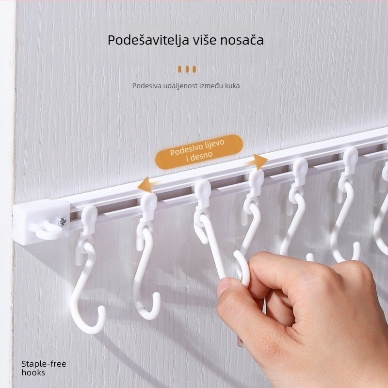 Kuhinjski zidni držač s kliznom tračnicom, bez bušenja, plastični, 3+ reda kuka, moderan minimalistički stil, nosivost 5 kg