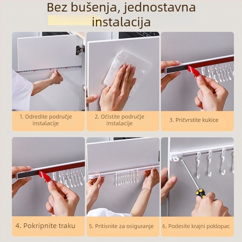 Kuhinjski zidni držač s kliznom tračnicom, bez bušenja, plastični, 3+ reda kuka, moderan minimalistički stil, nosivost 5 kg