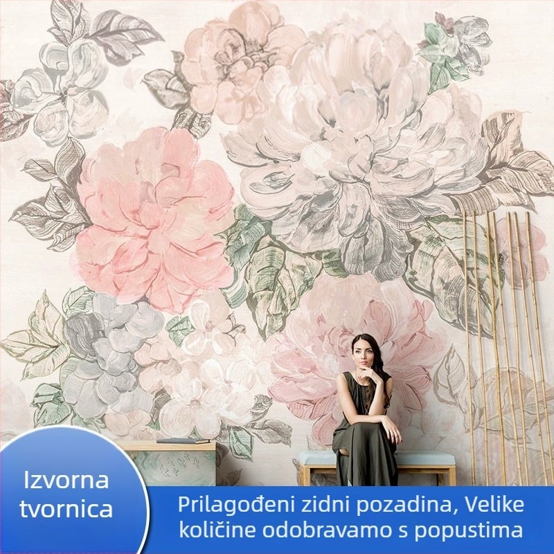 Zidni oblog — netkani materijal, otporan na vlagu, dizajn božura, premium proizvod