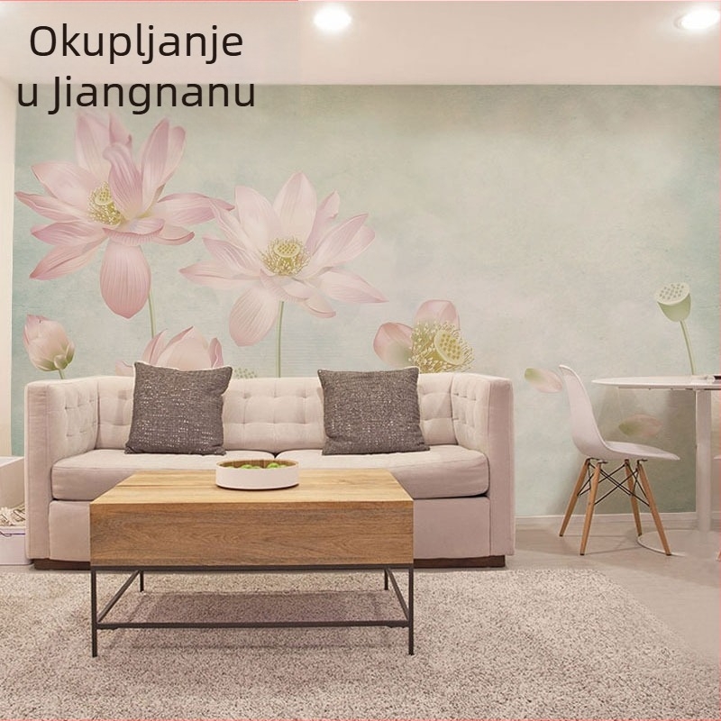 Prilagođeni ručno oslikani mural s lotosom za spavaću sobu i dnevni boravak, bezšivni premaz zida, pozadina za TV