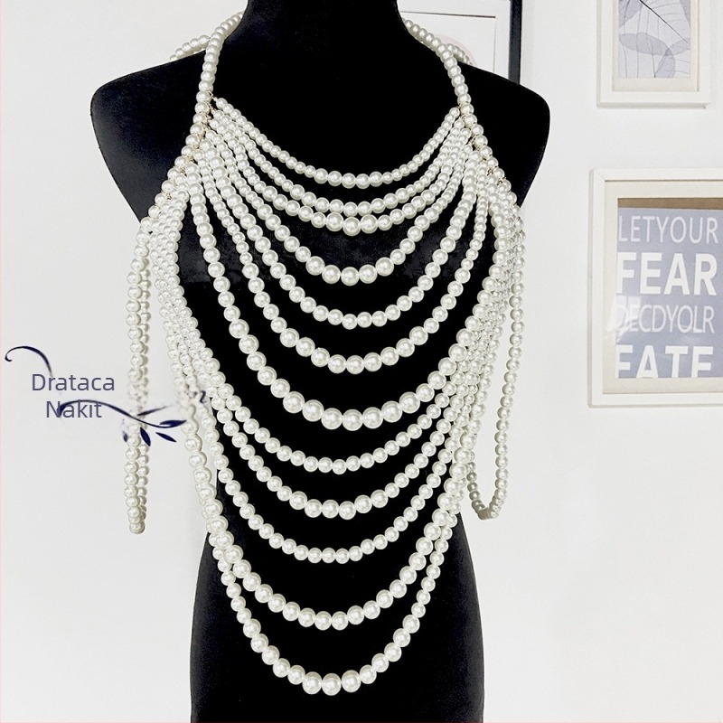 Višeslojna biserna body chain ogrlica s kugličnim lancem, 71–80 cm, privjesak od imitacijskog bisera