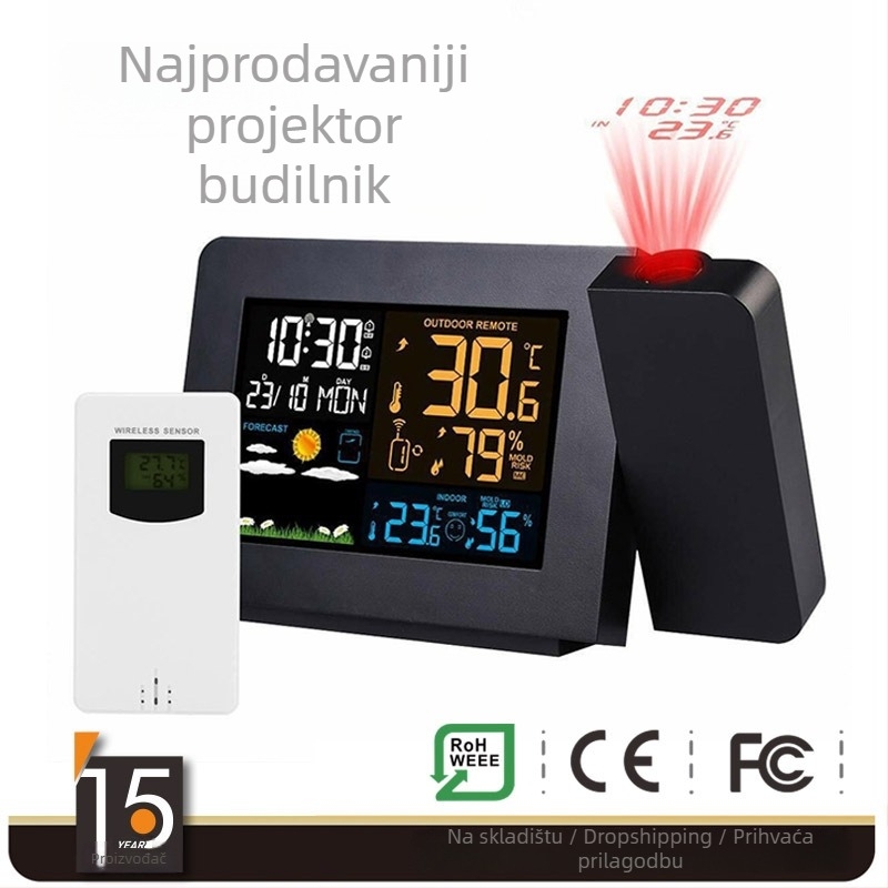 Projekcijski sat s unutarnjim i vanjskim mjerenjem temperature i vlage, boja LED zaslon, vremenska prognoza, alarm za točku rosy, napajanje baterijama