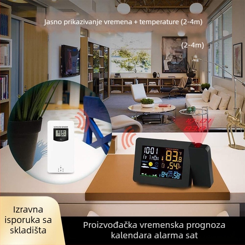 Projekcijski sat s unutarnjim i vanjskim mjerenjem temperature i vlage, boja LED zaslon, vremenska prognoza, alarm za točku rosy, napajanje baterijama
