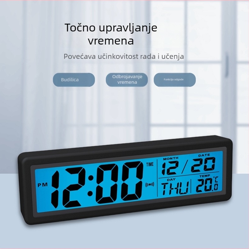 Budilica s LCD brojevima, termometar, vječni kalendar, alarm, odbrojavanje, prikaz mjeseca; napajanje baterijama, elektronički mehanizam, ABS kućište