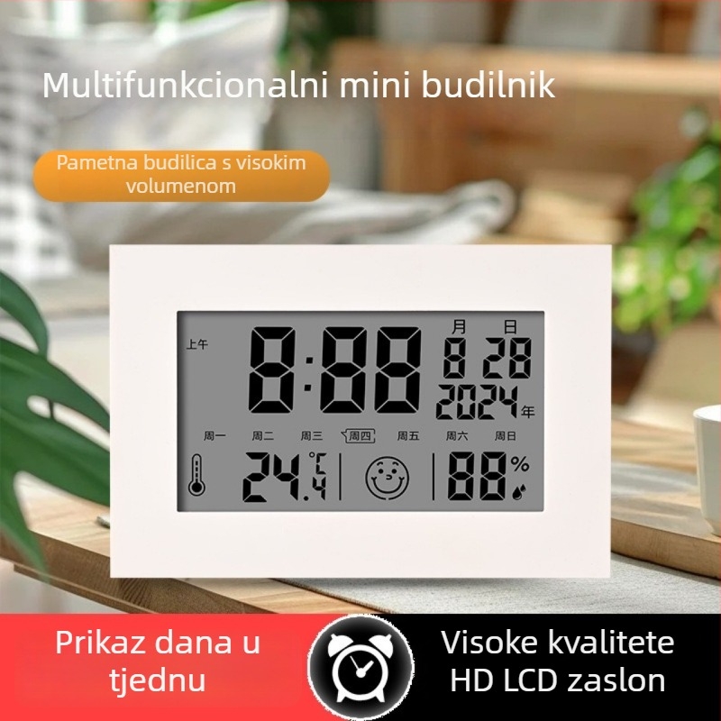 Stolni budilnik – mini, vječni kalendar, LCD zaslon, unutarnja temperatura i vlaga