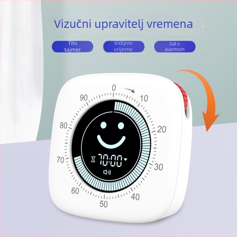 Smiley vizualni mjerač vremena s alarmom — Elektronički pogon, Digitalni prikaz brojeva, Kvadratni oblik, Moderni minimalistički stil, Napajanje baterijom