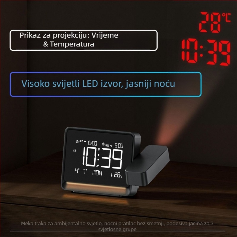 Projektorski budilnik s prilagodljivim fokusom, Bluetooth automatska sinkronizacija vremena, ambijentalno noćno svjetlo, termometar, LED zaslon