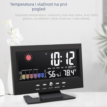 Stolni sat s osvijetljenim zaslonom, vremenskom prognozom i vječnim kalendarom; kućište od plastike; automatski mehanizam.