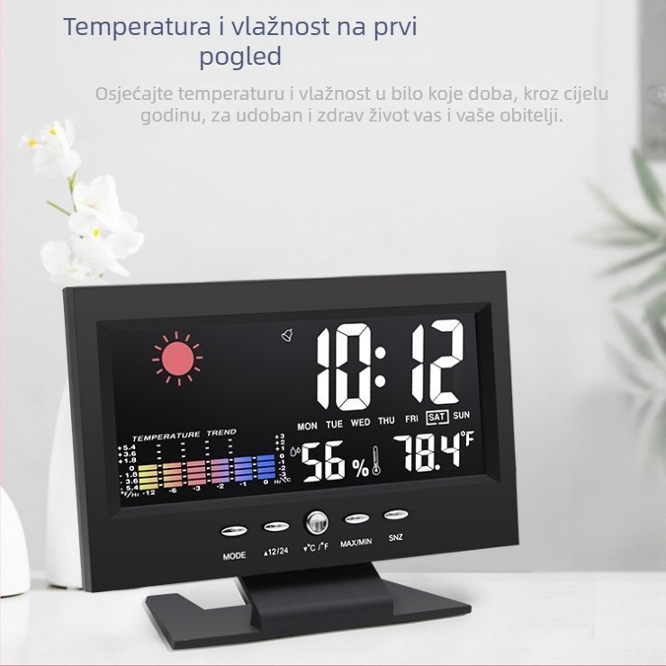 Stolni sat s osvijetljenim zaslonom, vremenskom prognozom i vječnim kalendarom; kućište od plastike; automatski mehanizam.