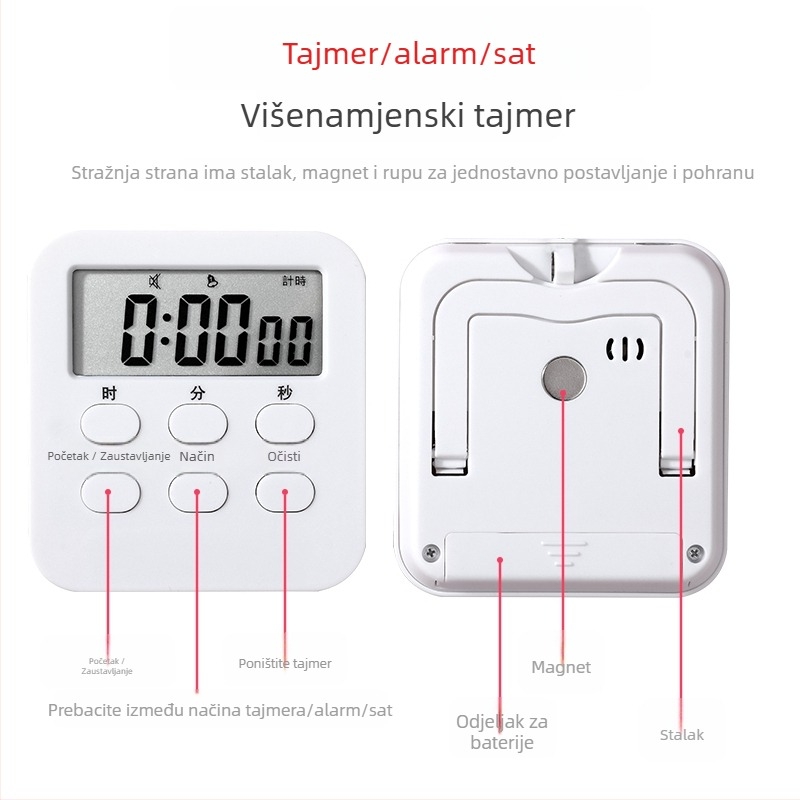 Digitalni stolni tajmer s LED zaslonom, elektronički mehanizam, baterijsko napajanje, pogodan za učenje, ured i kuhinju