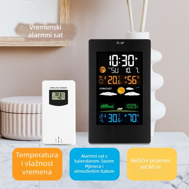 Alarmni sat s trokanalnom vremenskom stanicom, unutarnja/vanjska temperatura i vlaga, LCD zaslon, faze Mjeseca, svjetsko vrijeme