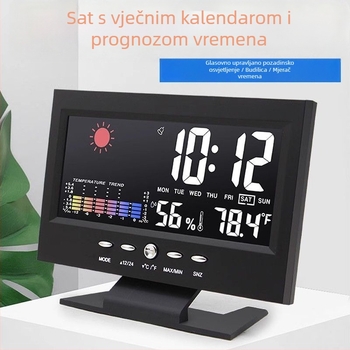 Višenamjenski meteorološki sat s mjerenjem temperature i vlage, glasovno upravljanje budilicom, LED zaslon
