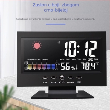 Višenamjenski meteorološki sat s mjerenjem temperature i vlage, glasovno upravljanje budilicom, LED zaslon