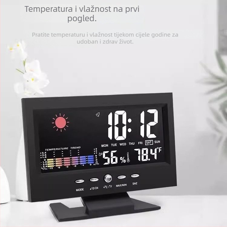Višenamjenski meteorološki sat s mjerenjem temperature i vlage, glasovno upravljanje budilicom, LED zaslon