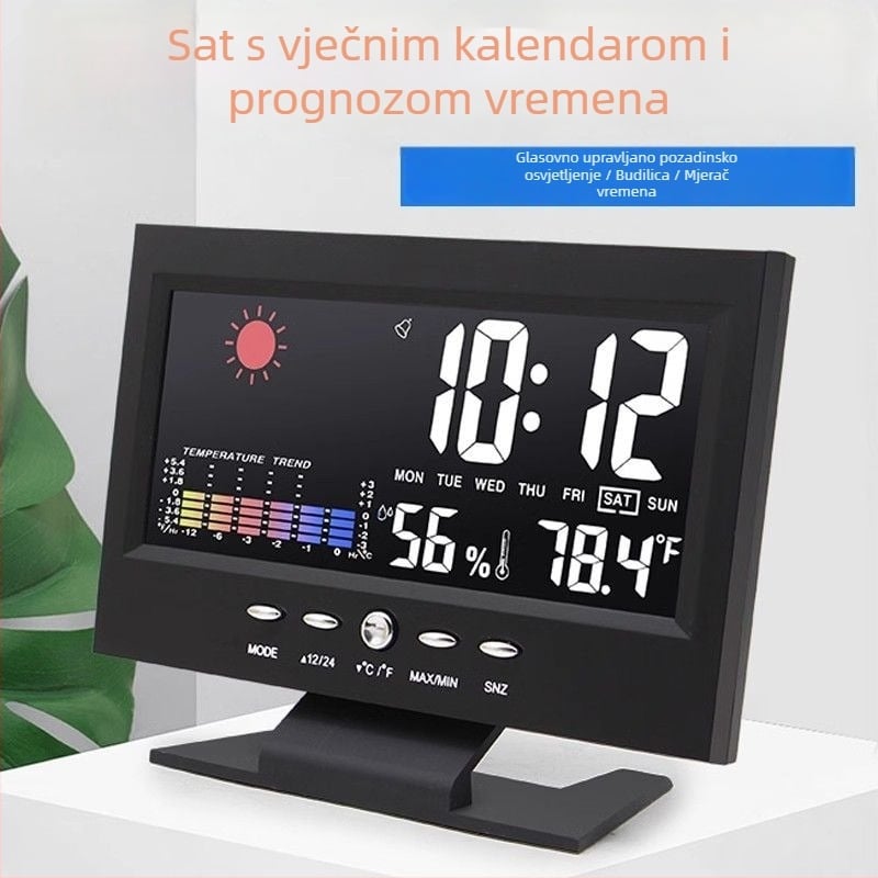 Višenamjenski meteorološki sat s mjerenjem temperature i vlage, glasovno upravljanje budilicom, LED zaslon