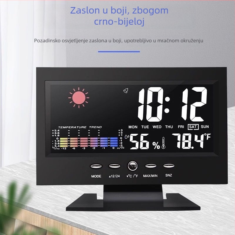 Višenamjenski meteorološki sat s mjerenjem temperature i vlage, glasovno upravljanje budilicom, LED zaslon