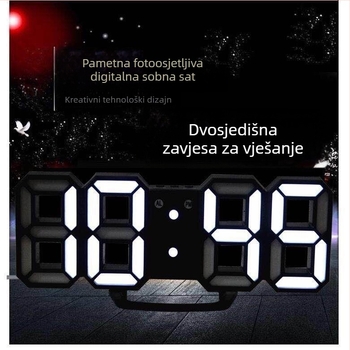 Budilnik s LED zaslonom, baterijsko napajanje, elektronički mehanizam, plastično kućište, suvremen minimalistički stil.