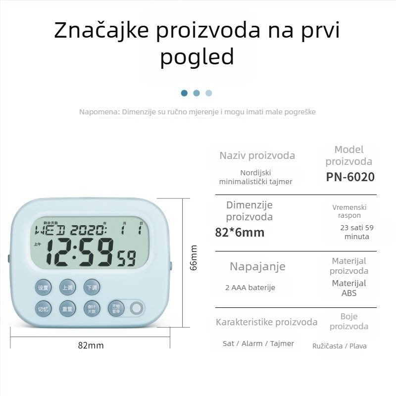 Višenamjenski tajmer za učenje i kuhinju – elektronički pogon, LCD zaslon, napajanje baterijom, ABS kućište, kvadratni oblik