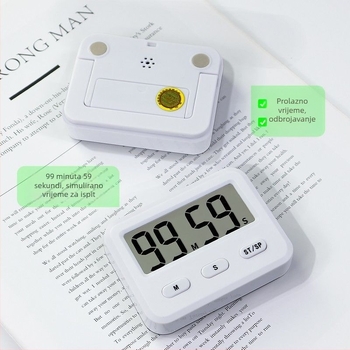 Mehanički kuhinjski timer s LED prikazom i analognim pokazivačem, kućište od aluminijske legure, napajanje suhim baterijom