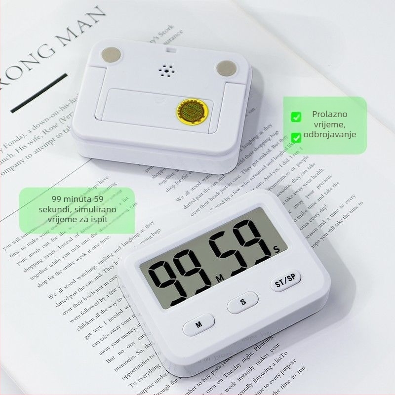 Mehanički kuhinjski timer s LED prikazom i analognim pokazivačem, kućište od aluminijske legure, napajanje suhim baterijom