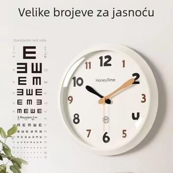 Zidni sat nordičkog stila, kružno plastično kućište, kvarcni mehanizam, marka Mjk, napajanje baterijom, jednostrana, brojke i kazaljke