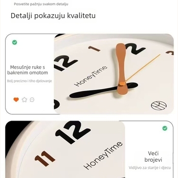 Zidni sat nordičkog stila, kružno plastično kućište, kvarcni mehanizam, marka Mjk, napajanje baterijom, jednostrana, brojke i kazaljke