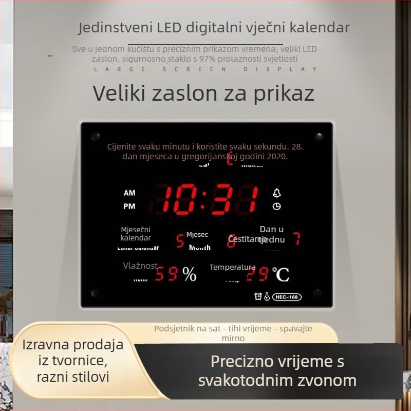 Zidni sat s LED zaslonom, vječni kalendar, termometar, mjerač vlage i alarm