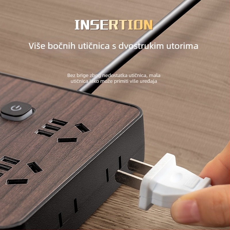 Produžni kabel s drvenim uzorkom za kućnu upotrebu, 10A, 100–250V, ABS kućište, bakreni vodiči, 3C potvrda