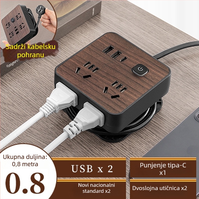 Produžni kabel s drvenim uzorkom za kućnu upotrebu, 10A, 100–250V, ABS kućište, bakreni vodiči, 3C potvrda