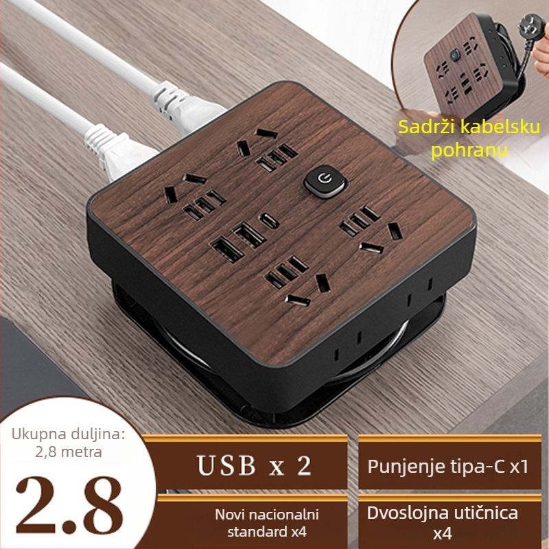 Produžni kabel s drvenim uzorkom za kućnu upotrebu, 10A, 100–250V, ABS kućište, bakreni vodiči, 3C potvrda