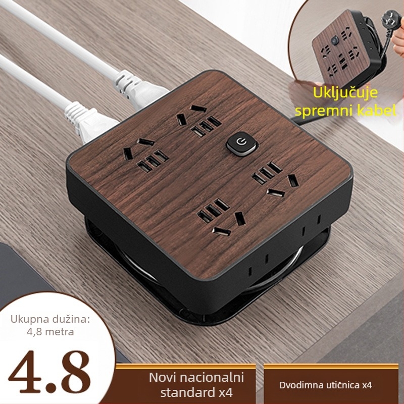 Produžni kabel s drvenim uzorkom za kućnu upotrebu, 10A, 100–250V, ABS kućište, bakreni vodiči, 3C potvrda