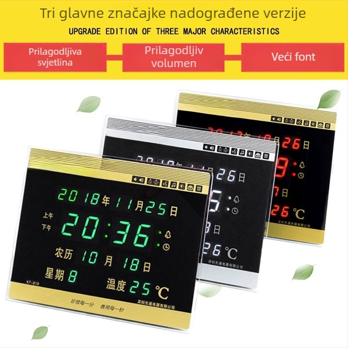 Digitalni zidni sat s LED osvijetljenim prikazom, pravokutni dizajn, vanjsko napajanje, za dnevni boravak