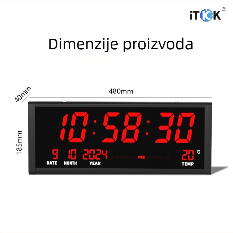 Veliki digitalni elektronički zidni sat s vječnim kalendarom, moderni minimalistički dizajn, LED zaslon, tih rad, termometar, prikaz tjedna i mjeseca