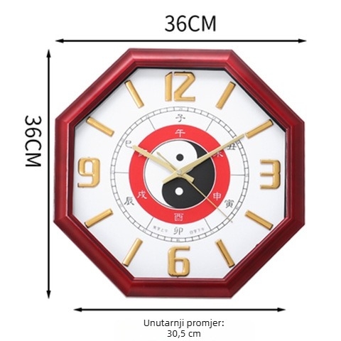 Zidni sat s osmerokutnim Bagua dizajnom, Yin-Yang Taiji motiv, baterijsko napajanje, mehanizam preskakanja sekundi