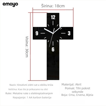 Zidni sat s križnim dizajnom, moderan stil, tih kvarcni mehanizam, analogni prikaz s brojevima