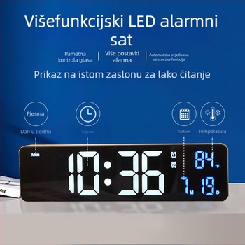 Zidni sat s LED zaslonom, termometrom, mjerenjem vlage, kalendarom i alarmom