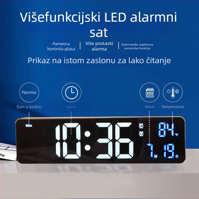 Zidni sat s LED zaslonom, termometrom, mjerenjem vlage, kalendarom i alarmom