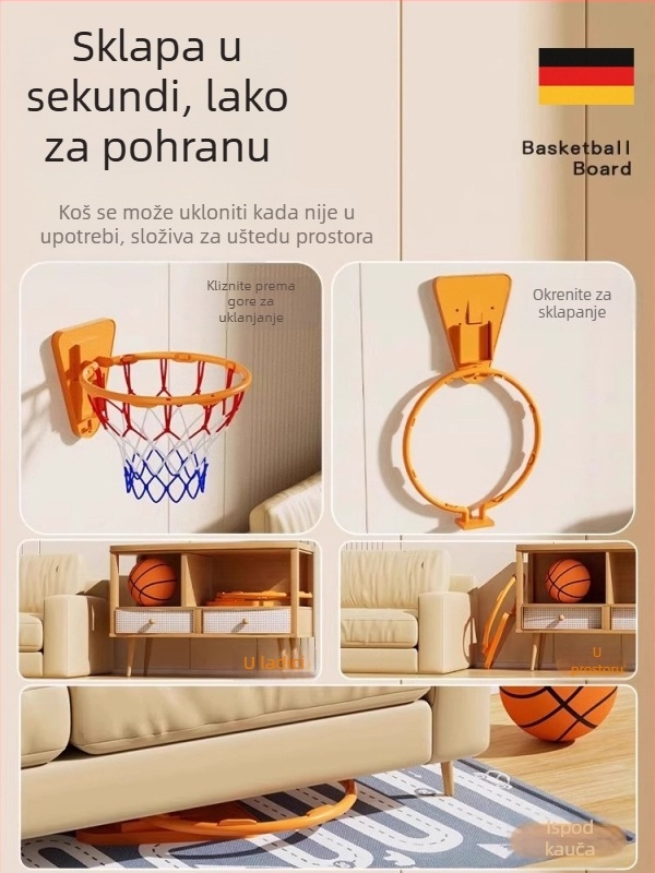 Unutarnji zidni sklopivi koš za košarku, tih rad, kućna uporaba