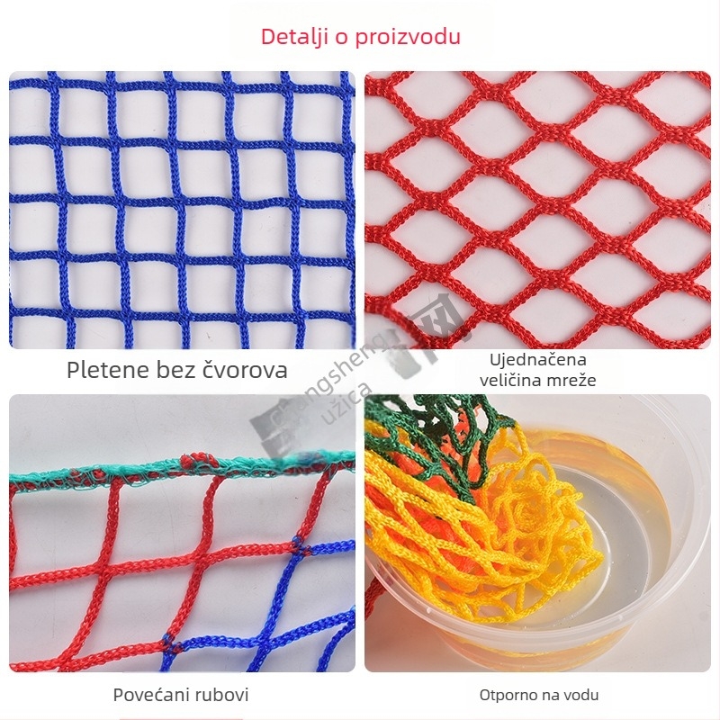 Obična sigurnosna mreža za ogradu bez čvorova; poliesterska; model: bez čvorova; namijenjena za ograde stolnoteniskih, nogometnih i košarkaških terena te izolacijske mreže