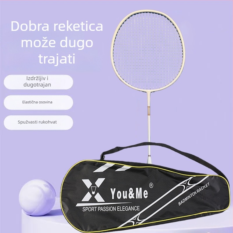 YOU&ME badminton raketa s okvirom od karbonsko- aluminijske legure, vlaknaste strune, težina 95–100 g, srednja tvrdoća, za amatere i napredne igrače
