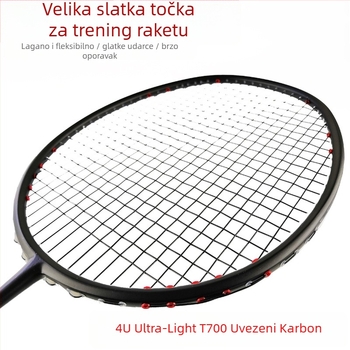 Raketa za badminton od karbonskih vlakana, težina 80–84 g, ravni vrat, drška G5, poliesterne žice