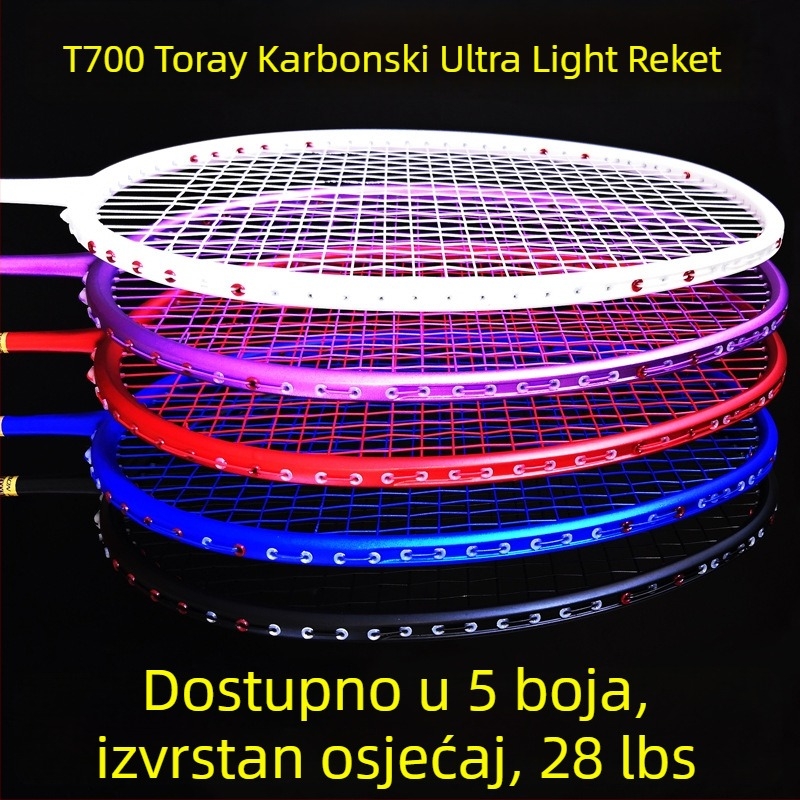Raketa za badminton od karbonskih vlakana, težina 80–84 g, ravni vrat, drška G5, poliesterne žice