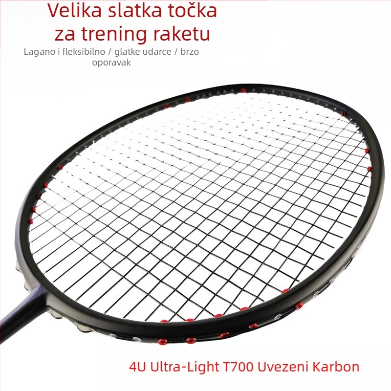 Raketa za badminton od karbonskih vlakana, težina 80–84 g, ravni vrat, drška G5, poliesterne žice