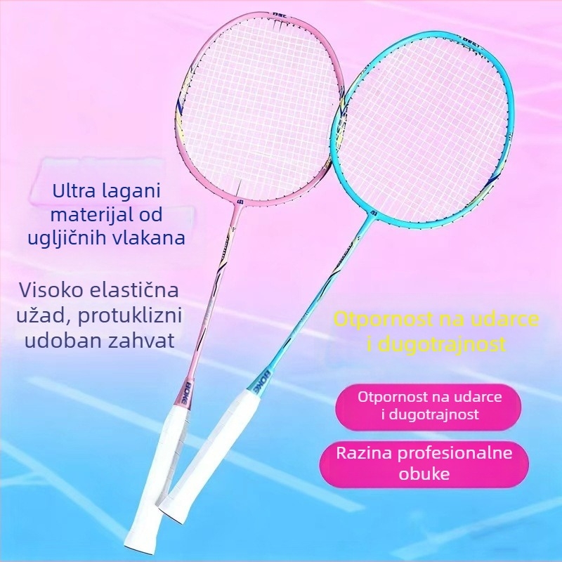 Set reketa za badminton s karbonskim okvirom, ultra lagan 90–94 g, direktan udarac, umjerena tvrdoća, dva reketa u paketu
