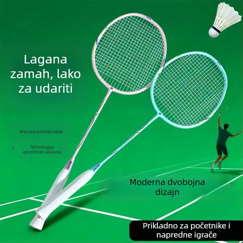 Set reketa za badminton s karbonskim okvirom, ultra lagan 90–94 g, direktan udarac, umjerena tvrdoća, dva reketa u paketu