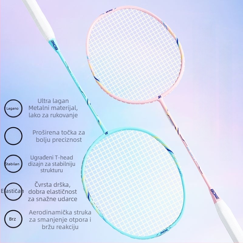 Set reketa za badminton s karbonskim okvirom, ultra lagan 90–94 g, direktan udarac, umjerena tvrdoća, dva reketa u paketu