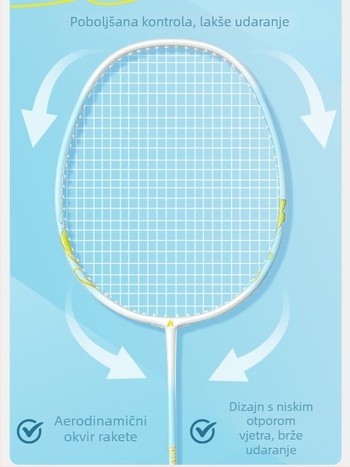 Raketa za badminton od karbonskih vlakana, direktan udarac, 95–100 g, srednja tvrdoća, prilagodljiva