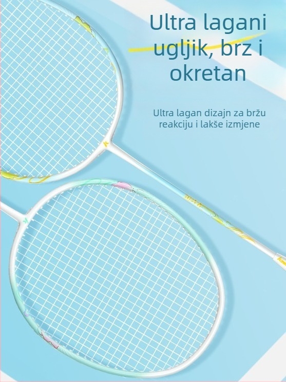 Raketa za badminton od karbonskih vlakana, direktan udarac, 95–100 g, srednja tvrdoća, prilagodljiva