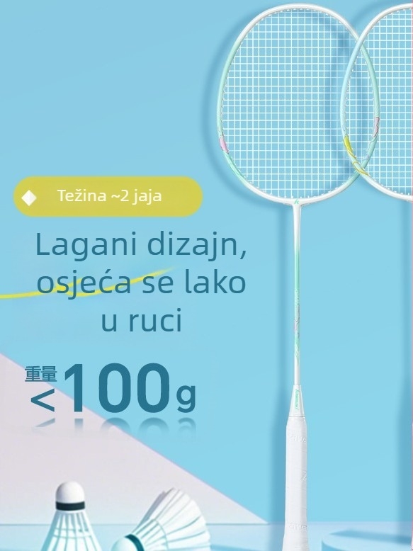 Raketa za badminton od karbonskih vlakana, direktan udarac, 95–100 g, srednja tvrdoća, prilagodljiva
